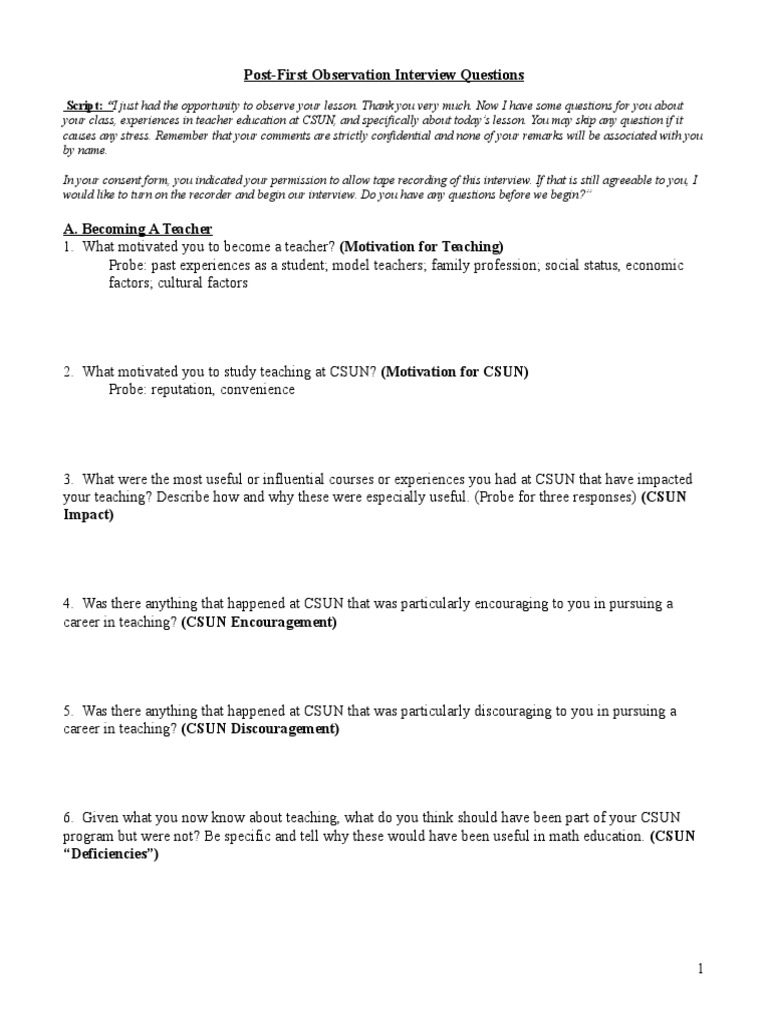 Post-Observation Interview Questions | PDF | Educational Psychology ...
