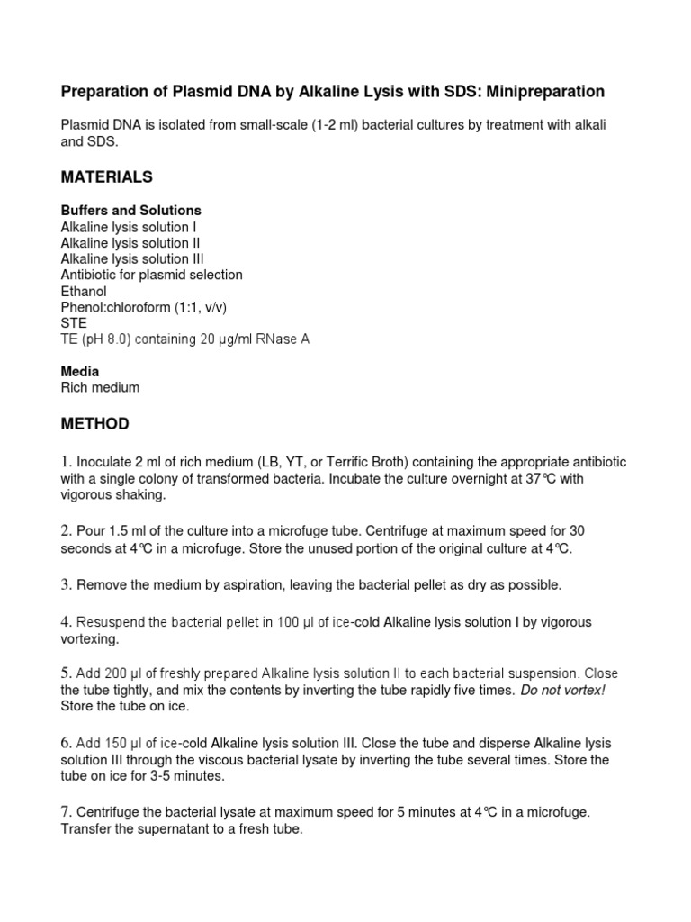 Preparation Of Plasmid Dna By Alkaline Lysis With Sds Pdf Agar