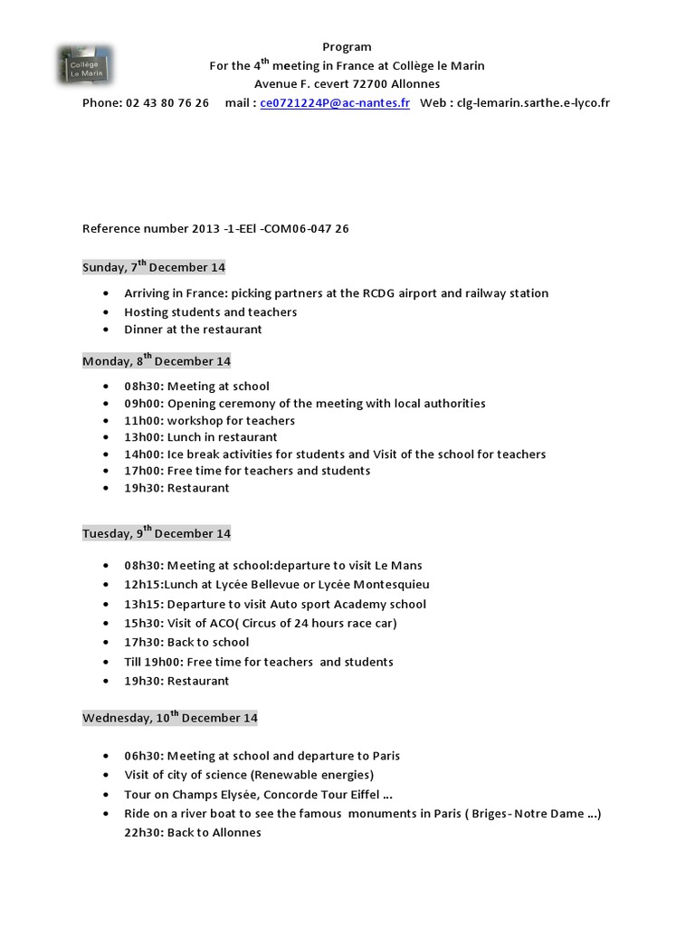 4th Meeting Program at Collège le Marin | PDF | Business
