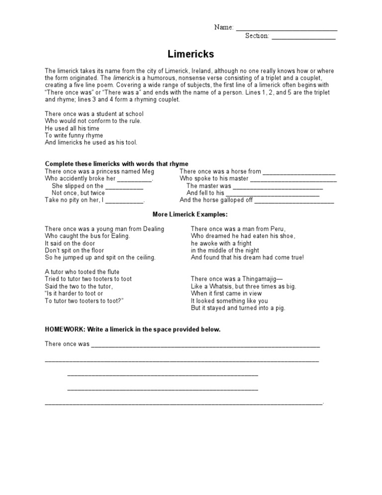 Limericks Worksheet | PDF | Limerick (Poetry) | Stanzaic Form