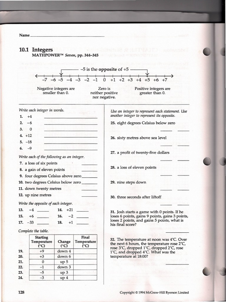 Mathpower 10 1 Integers | PDF