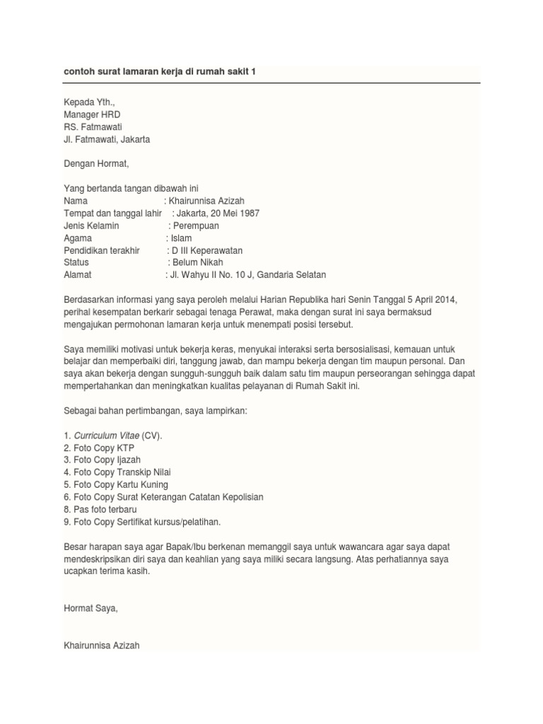 Download 94+ Contoh Surat Lamaran Kerja Rumah Sakit Terbaru Gratis