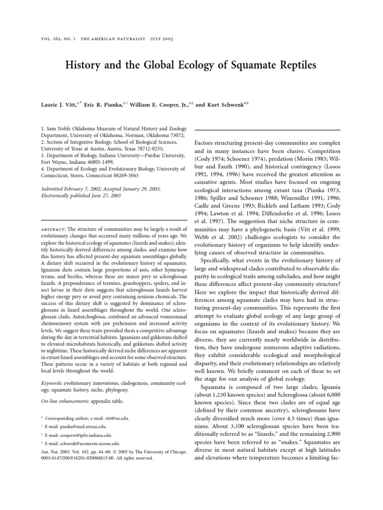 Vitt Et Al. 2003 - (History and The Global Ecology of Squamate Reptiles ...