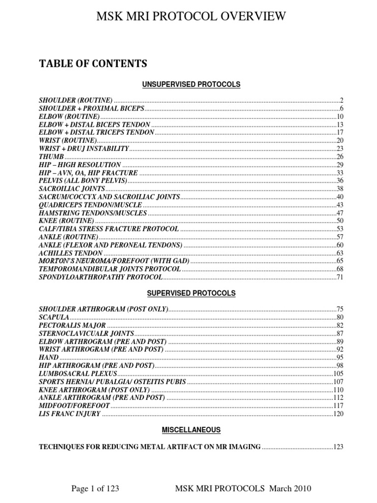 MSK MRI Protocols Overview | PDF | Shoulder | Elbow