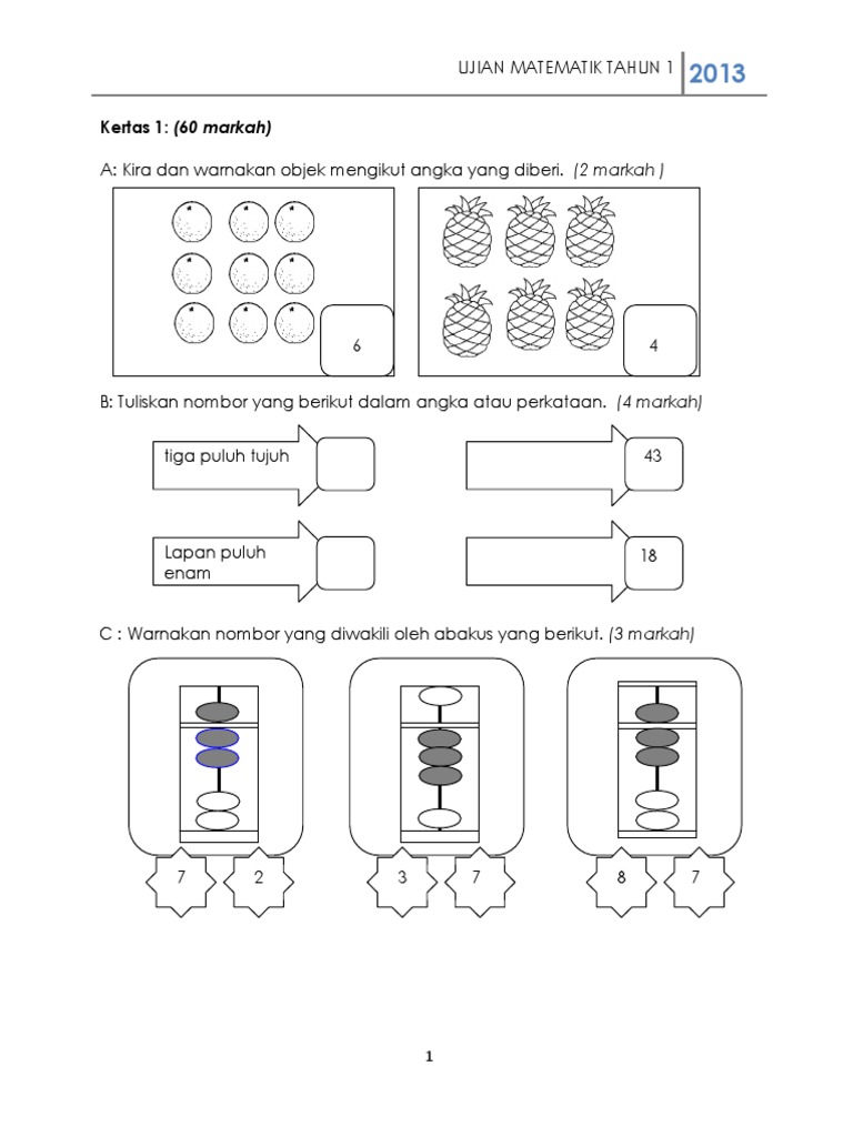 Soalan Ujian Matematik Kertas 1 Kssr Tahun 1