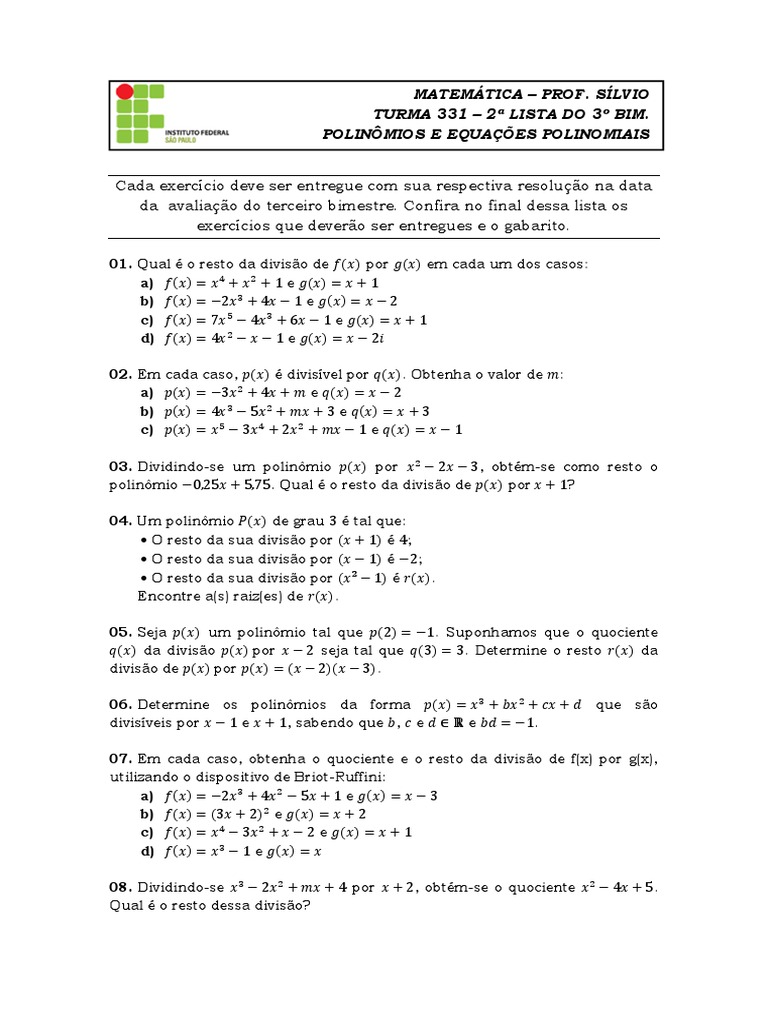 Lista de exercícios sobre polinômios e equações polinomiais | PDF ...