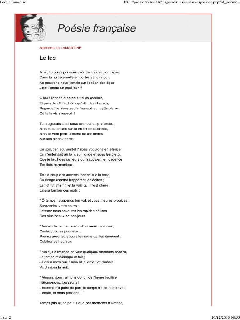 Le Lac Alphonse De Lamartine Poesie