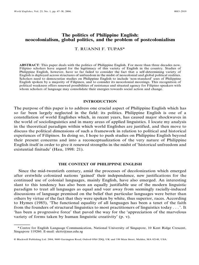 The Politics Of Philippine English Pdf Postcolonialism English