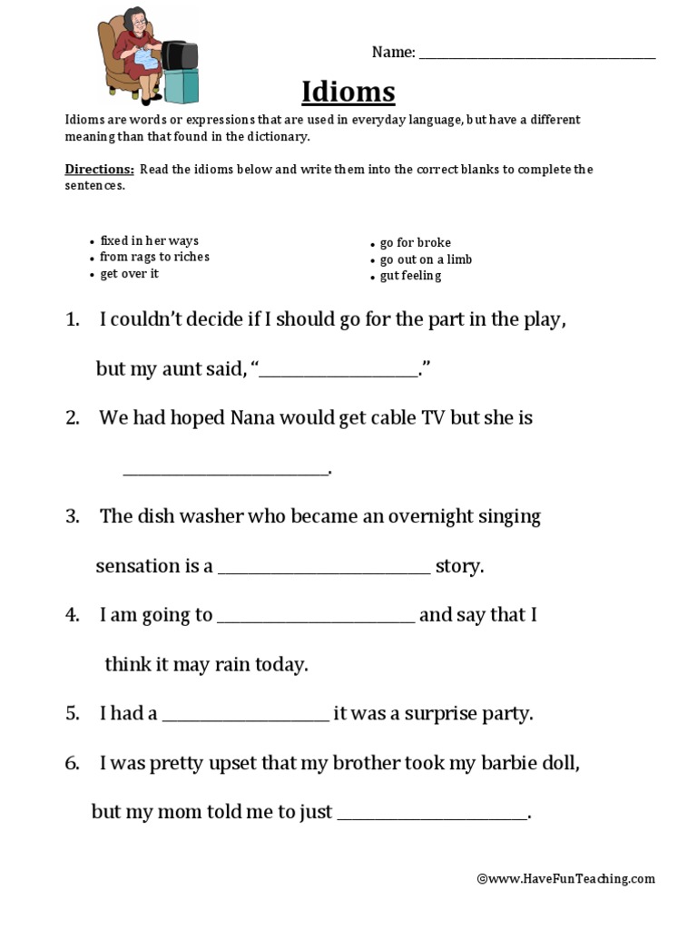 Grade 5 Idioms Worksheet | PDF | Idiom | Linguistics, image size:768x1024