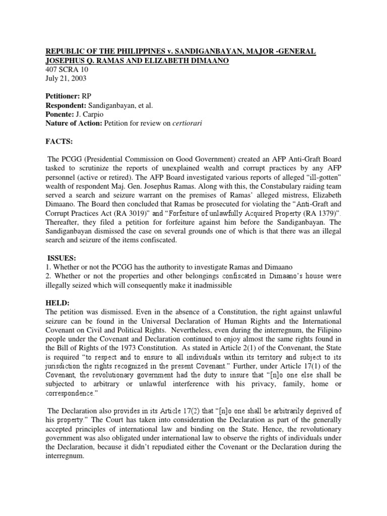 Ramas v. Sandiganbayan: Forfeiture Case | PDF | Asset Forfeiture ...