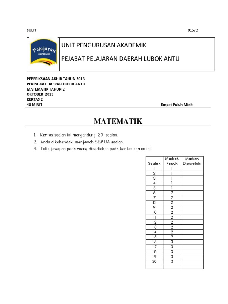 Ujian Matematik Kertas 2 Tahun 2 KSSR