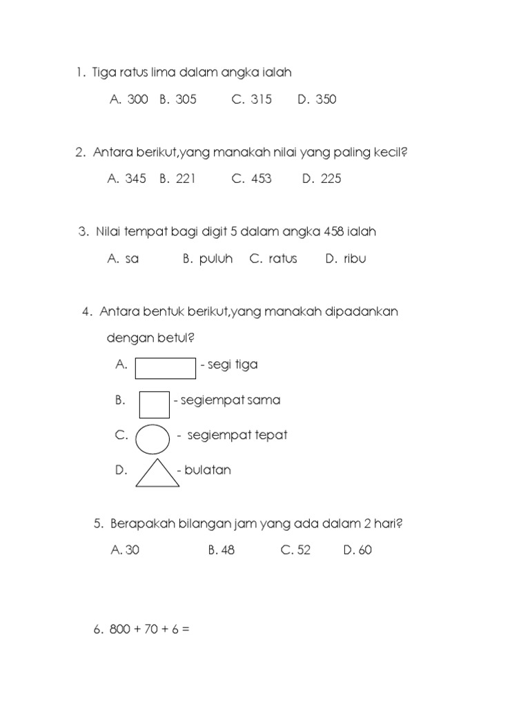 Ujian Matematik Kertas 1 Tahun 2 KSSR