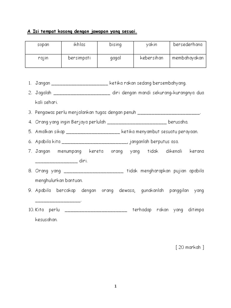 Latihan Pendidikan Moral Tahun 2 2020 / Latihan Pendidikan Moral