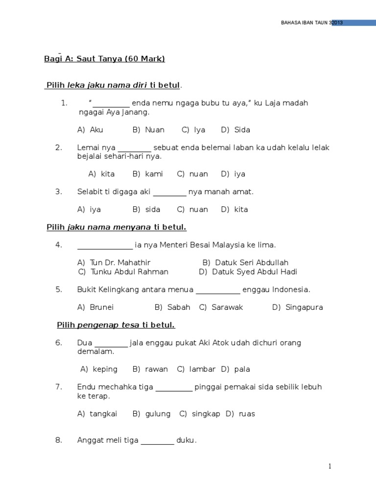 Soalan Bahasa Iban Tahun 3 KSSR | PDF