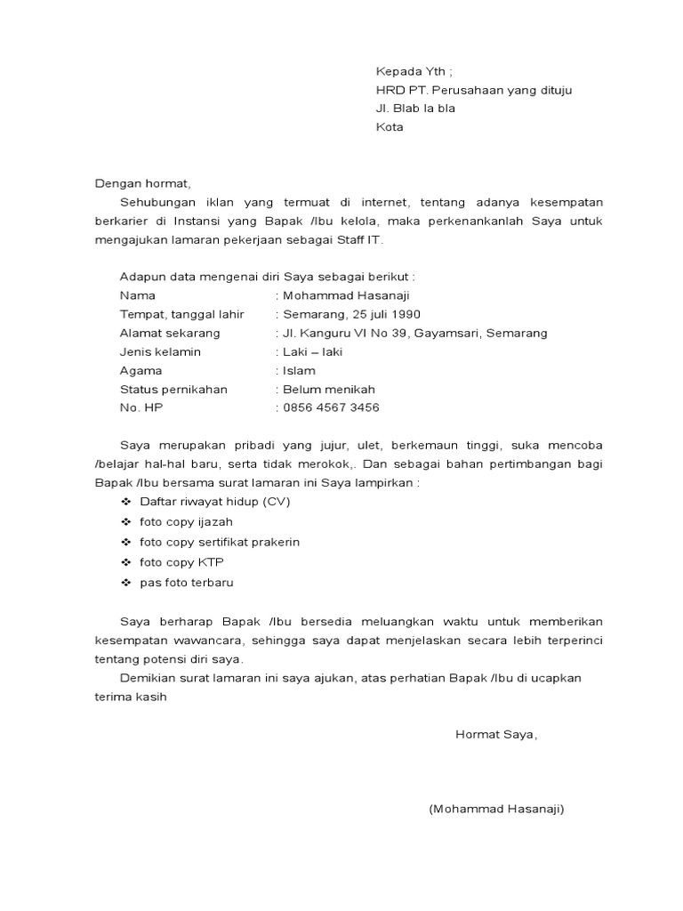 Contoh Surat Lamaran Cv
