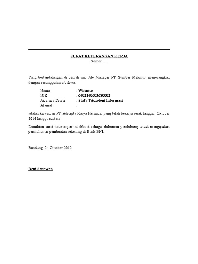 Contoh Surat Keterangan Kerja Pdf