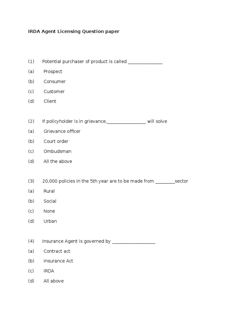 IRDA Agent Exam Question Paper | PDF | Life Insurance | Insurance