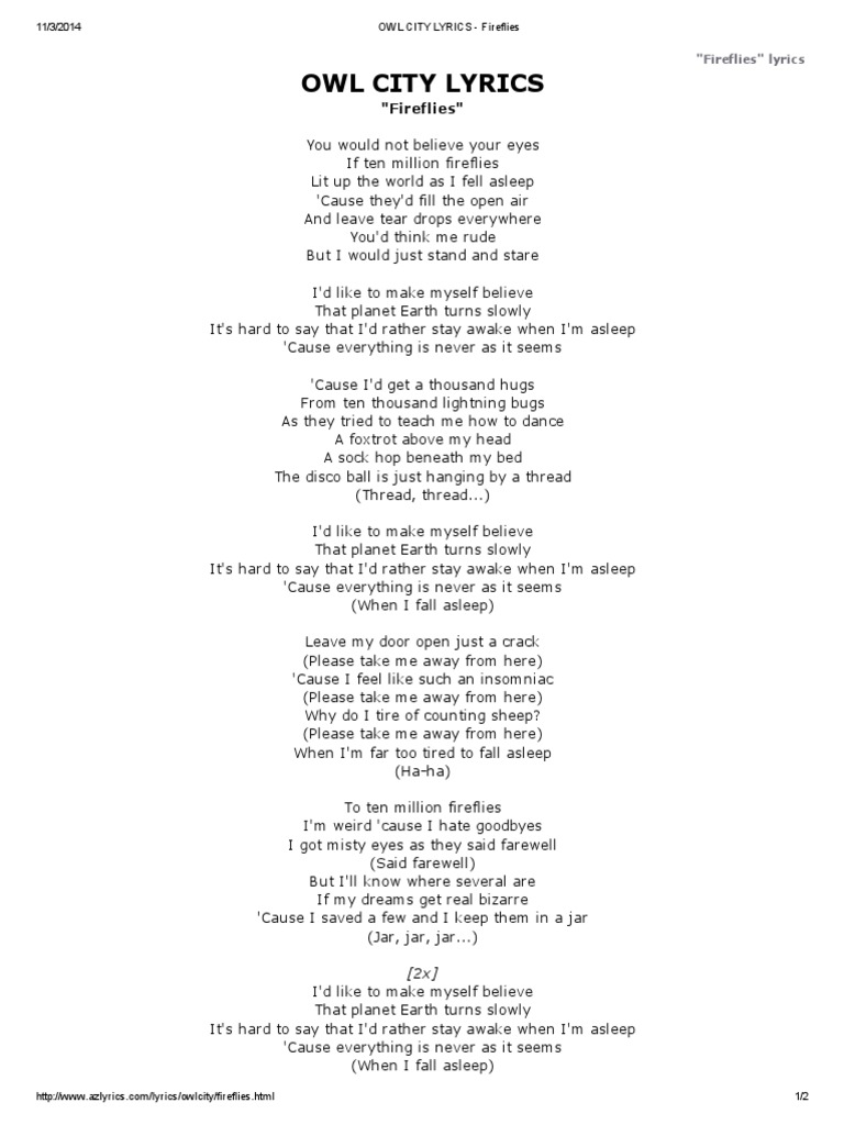 Owl City Lyrics Fireflies
