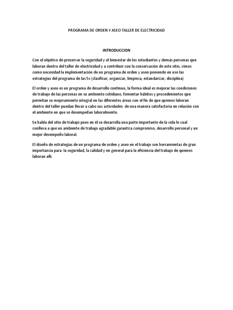 Programa de Orden y Aseo Taller de Electricidad  Programa de Orden y Aseo Taller de Electricidad
