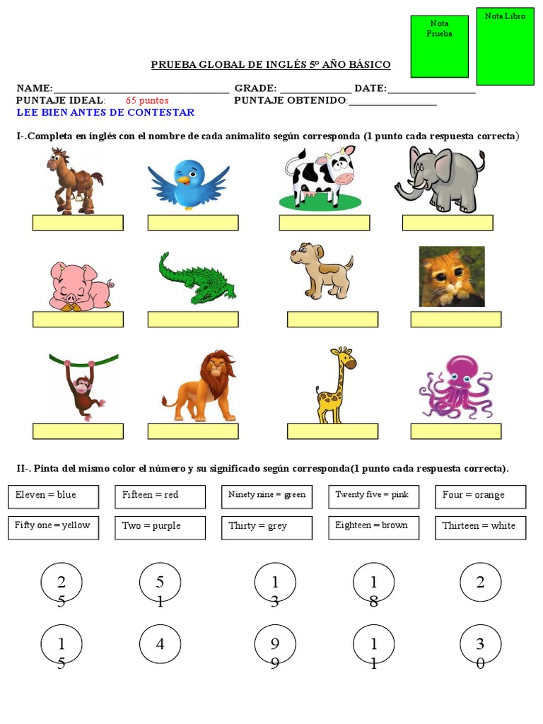 Prueba de Inglés 5º 2014