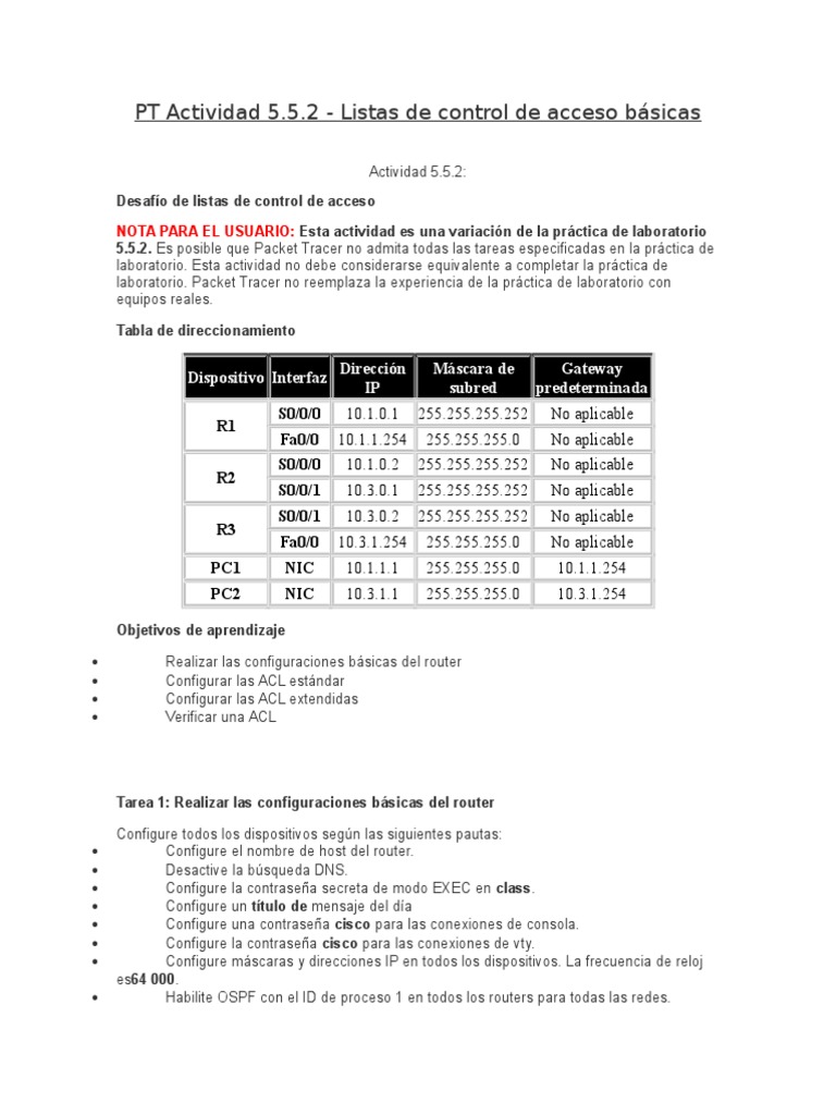 Configuración de ACL en Packet Tracer 5.5.2 | PDF | Red de computadoras ...