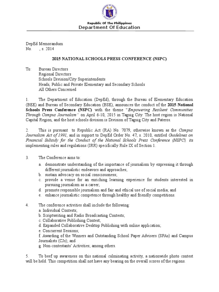 2015 NSPC DepEd Memo With Complete Enclosures (2) Business Personal
