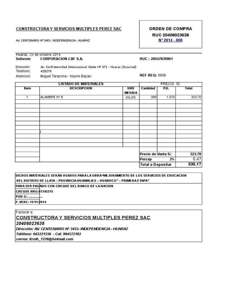 Modelo de Orden de Compra en Perú | PDF | Finanzas y dinero