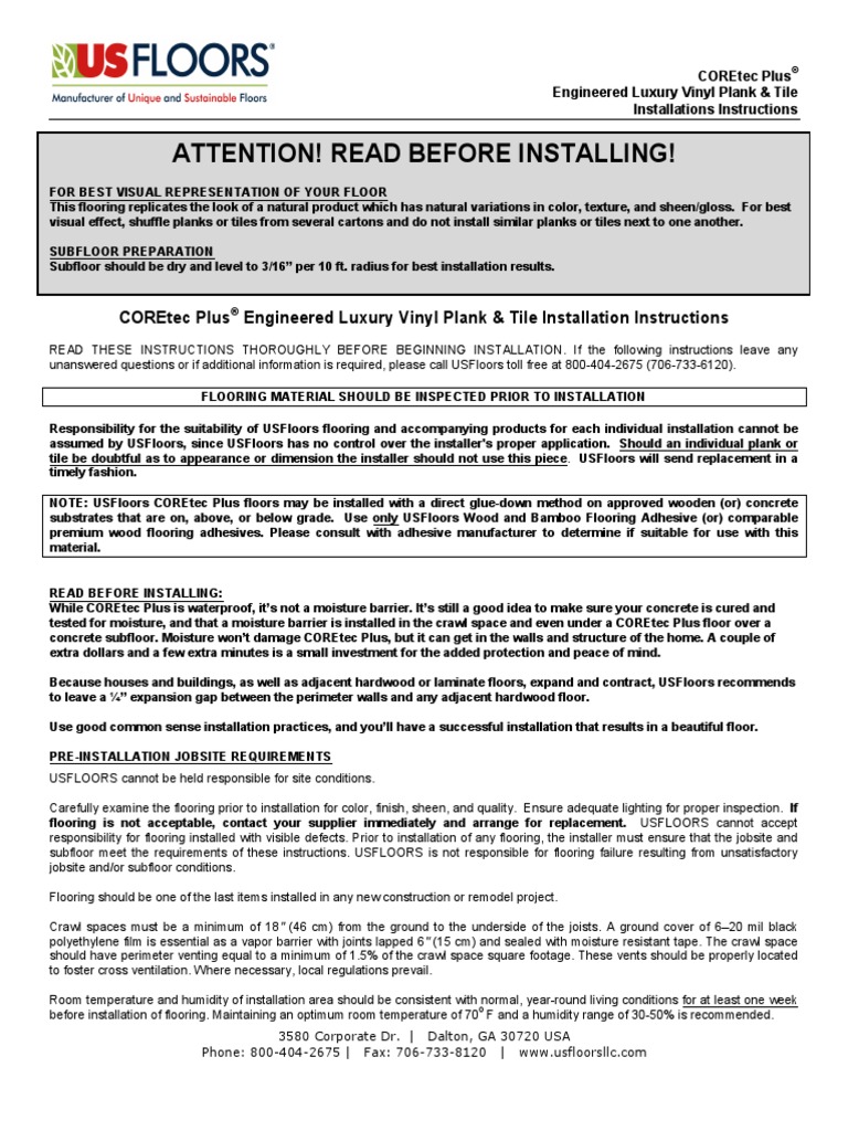 USF COREtec Plus Installation Instructions PDF PDF Flooring Basement