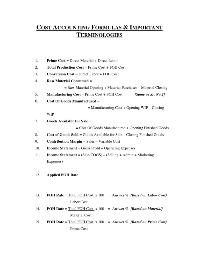 Cost Accounting Formulas Overview | PDF | Cost Of Goods Sold | Cost ...