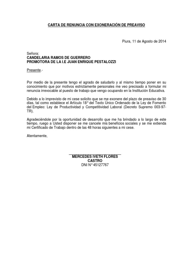 Carta de Renuncia Con Exoneración de Preaviso