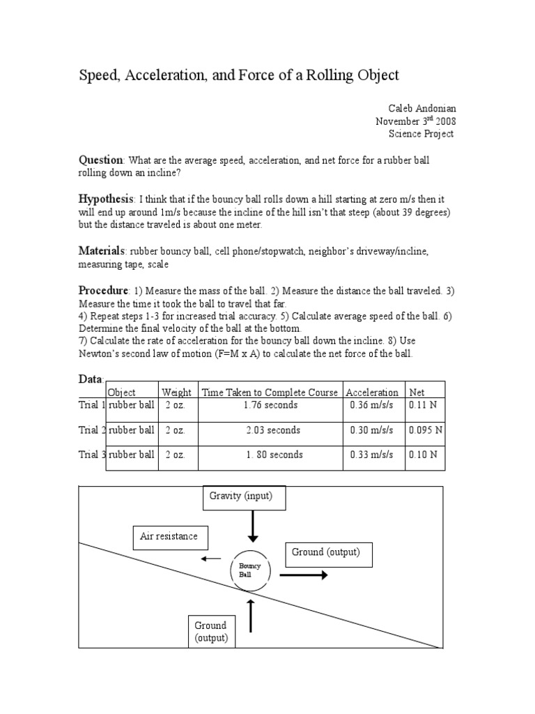 Speed, Acceleration, and Force of A Rolling Object: Hypothesis | PDF