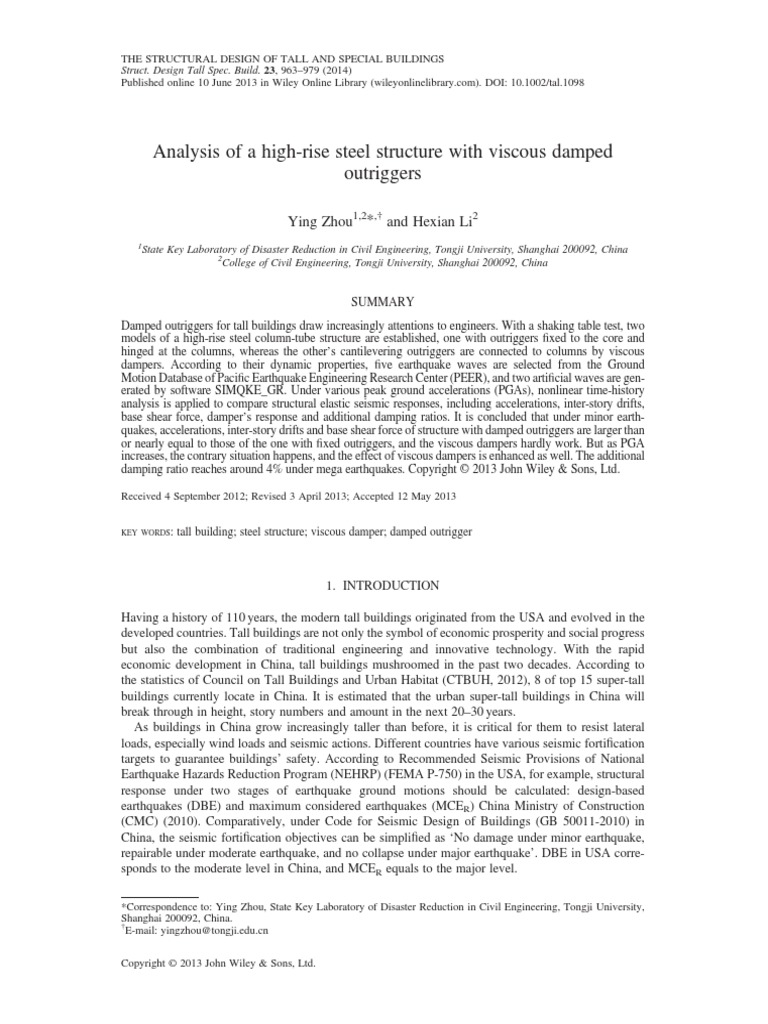 Analysis of A High-Rise Steel Structure With Viscous Damped Outriggers ...
