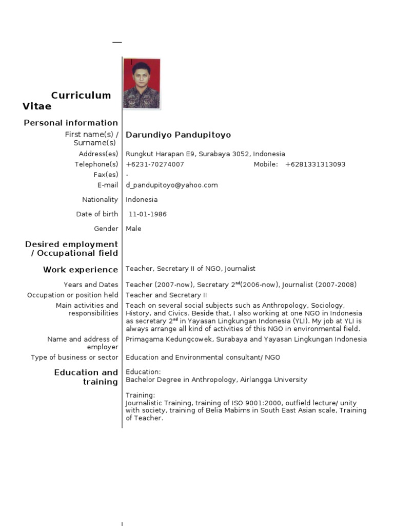 Example of European Standard CV Contoh Dari CV Standard Example of European Standard CV Contoh Dari CV Standard