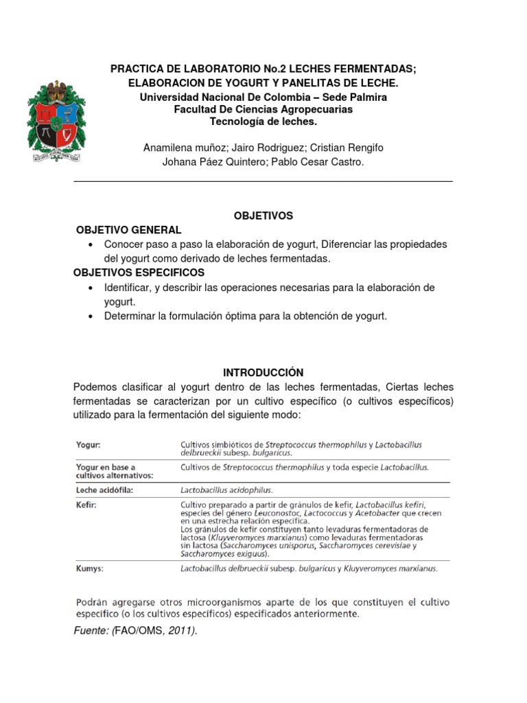 Informe, Elaboracion de Yogurt Yogur Leche