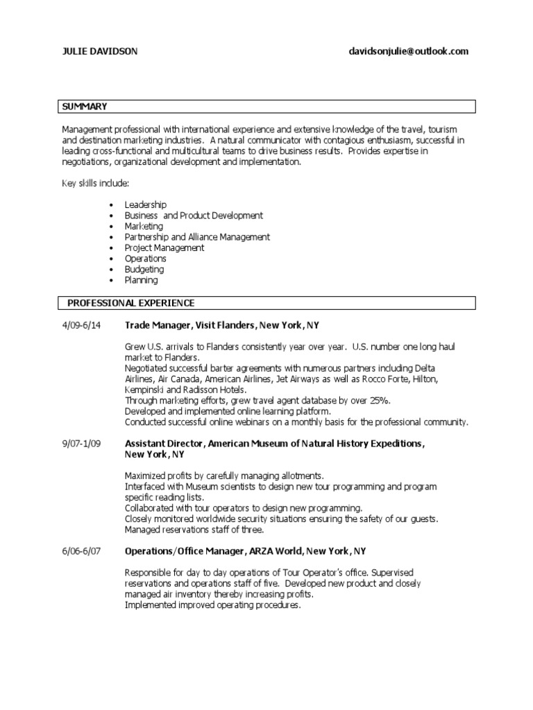 Destination Marketing Manager in New York Resume Julie Davidson Travel Agency Airlines