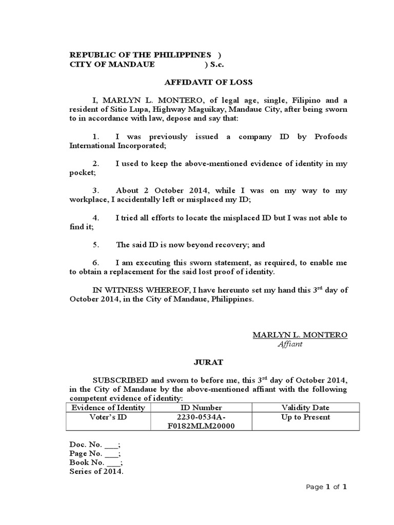 Affidavit of Loss IDB) Affidavit Identity Document