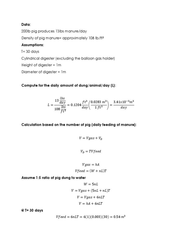 Pig Manure Digester Design Calculations | PDF