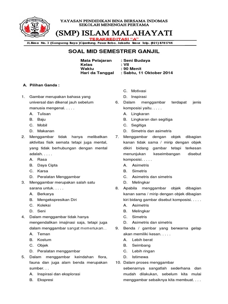 Soal Seni Budaya Smp