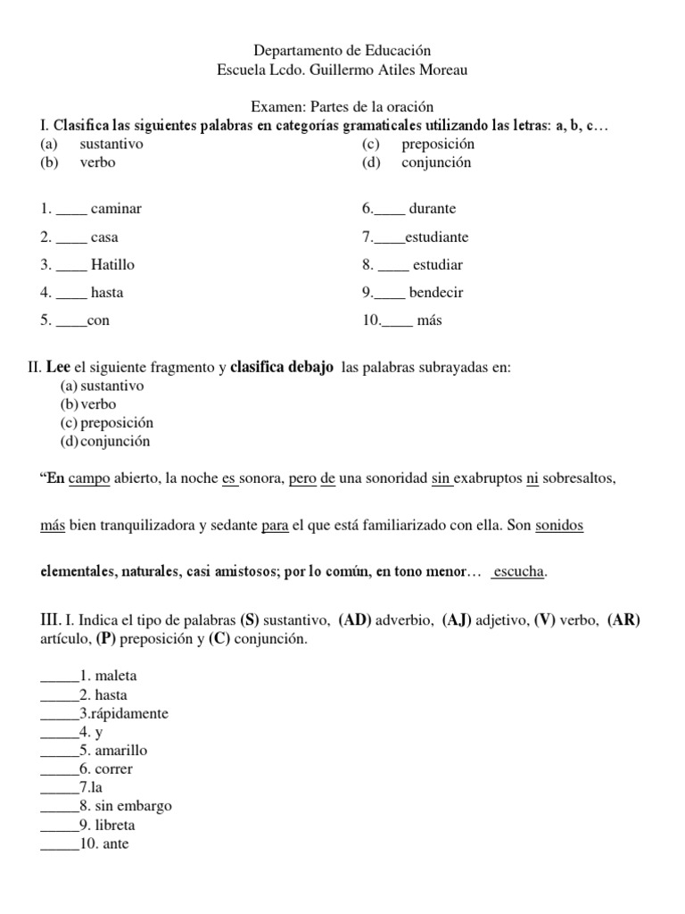Examen sobre partes de la oración | PDF | Arte