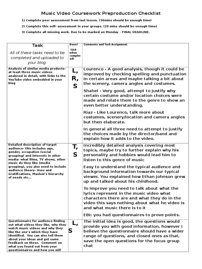Music Video Preproduction Checklist | PDF | Psychological Concepts ...