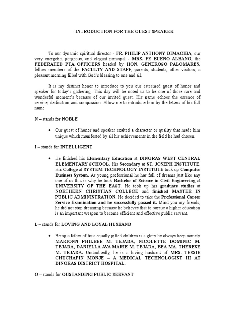 Introduction For The Guest Speaker Pdf Further Education Schools