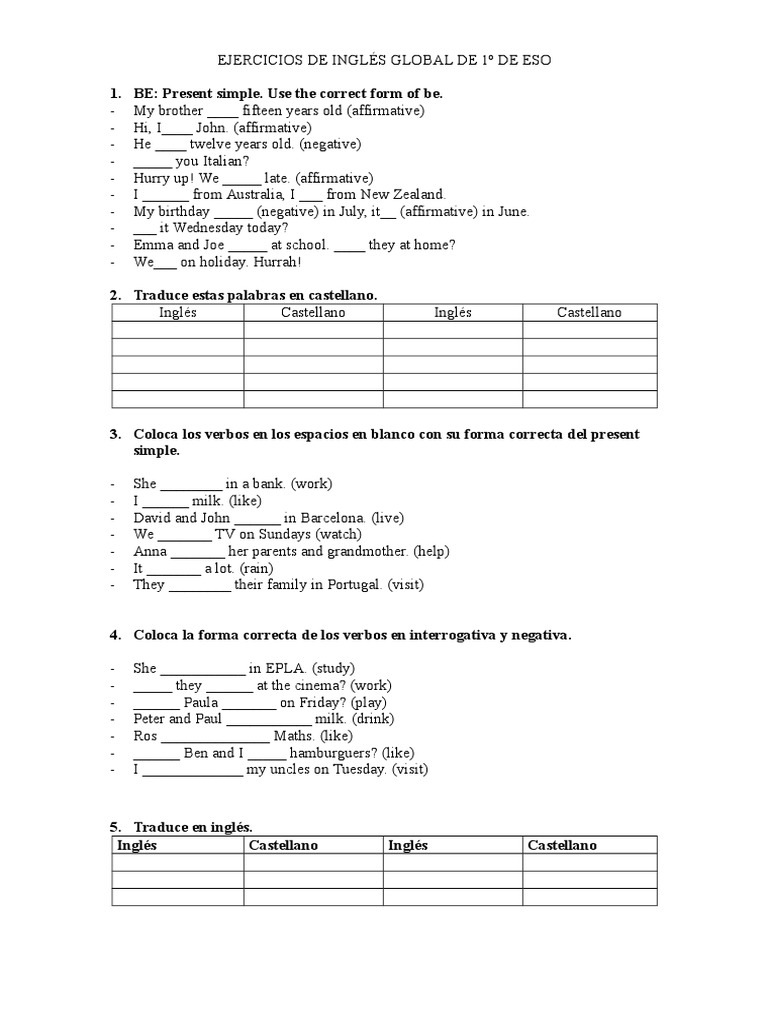 Ejercicios de Inglés 1º ESO | PDF | Language Arts & Discipline ...