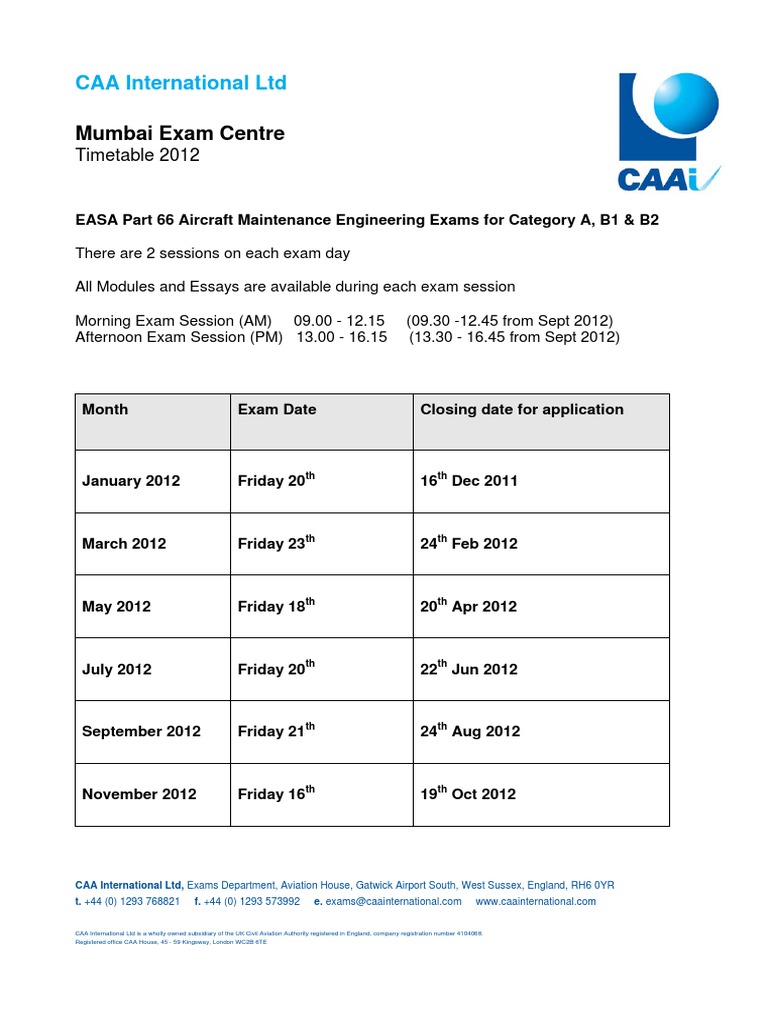CAA International 2012 Exam Timetable | PDF