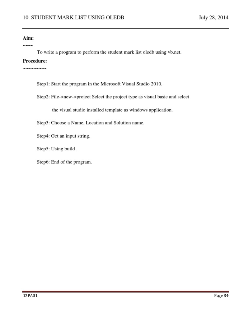 VB.NET OLEDB Student Mark List Guide | PDF