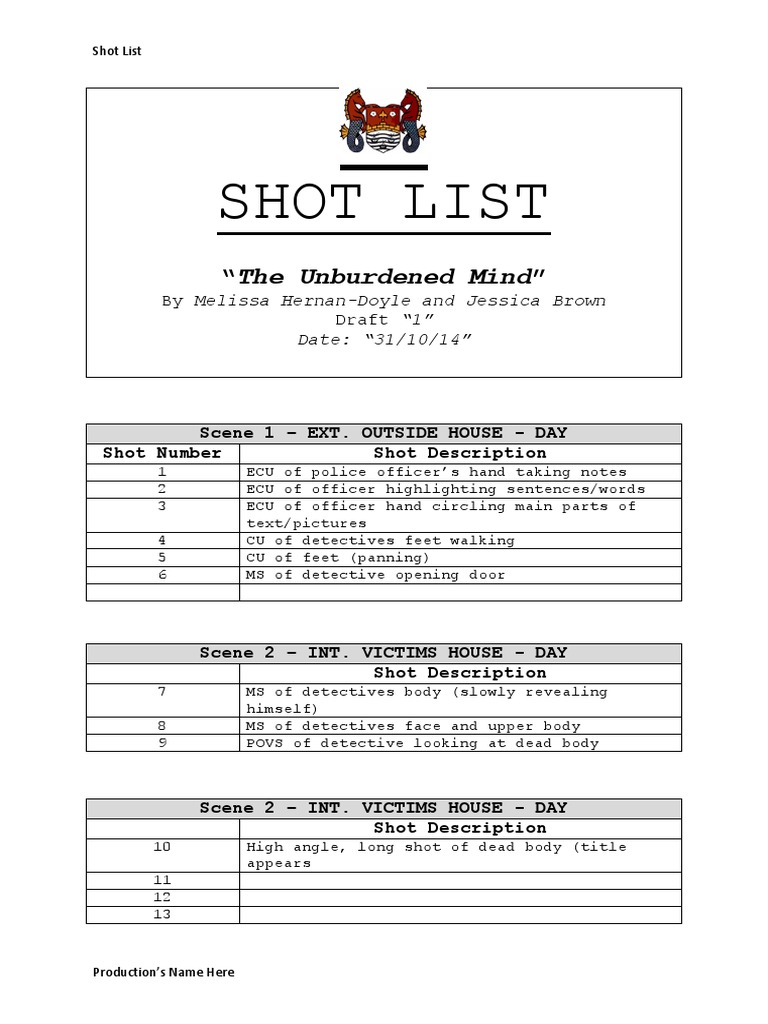 Example Shot List | PDF | Language Arts & Discipline | Mystery ...