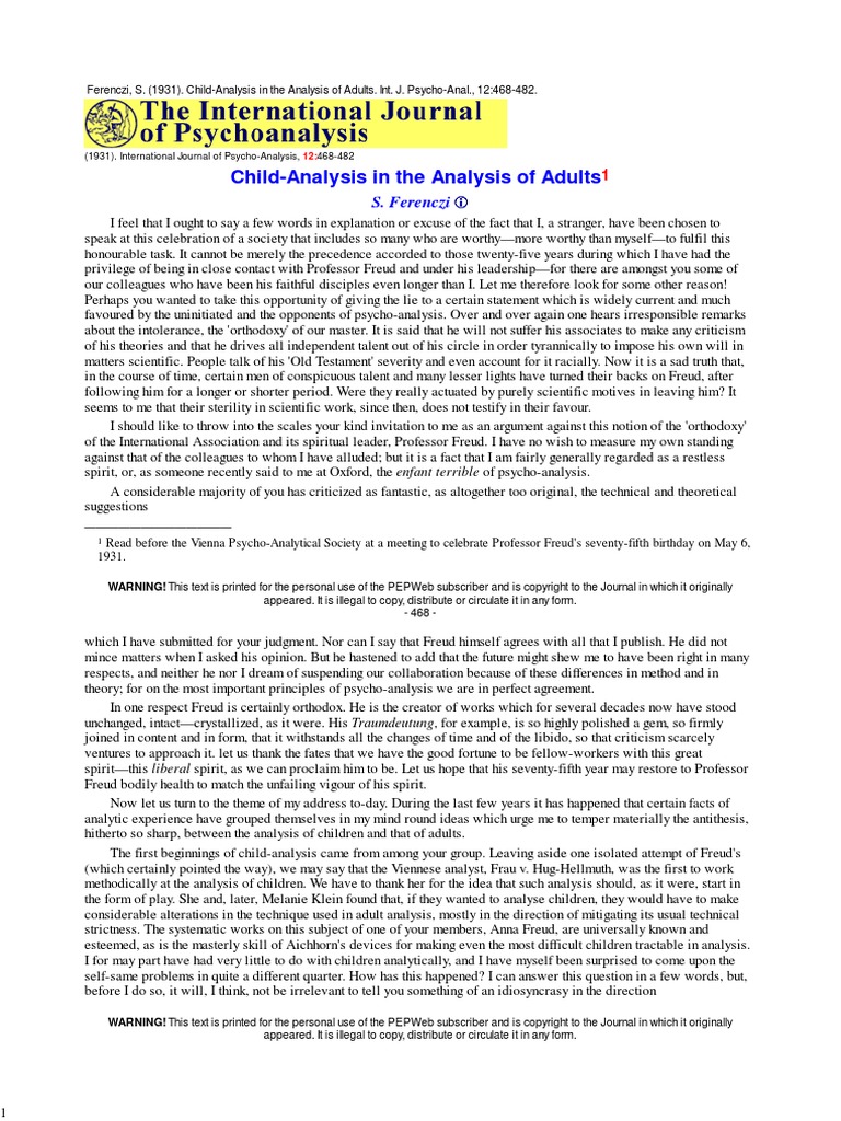 Child-Analysis in The Analysis of Adults | PDF | Psychoanalysis ...