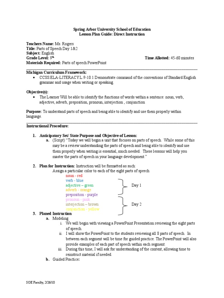 Unit Plan Parts Of Speech Part Of Speech Adverb