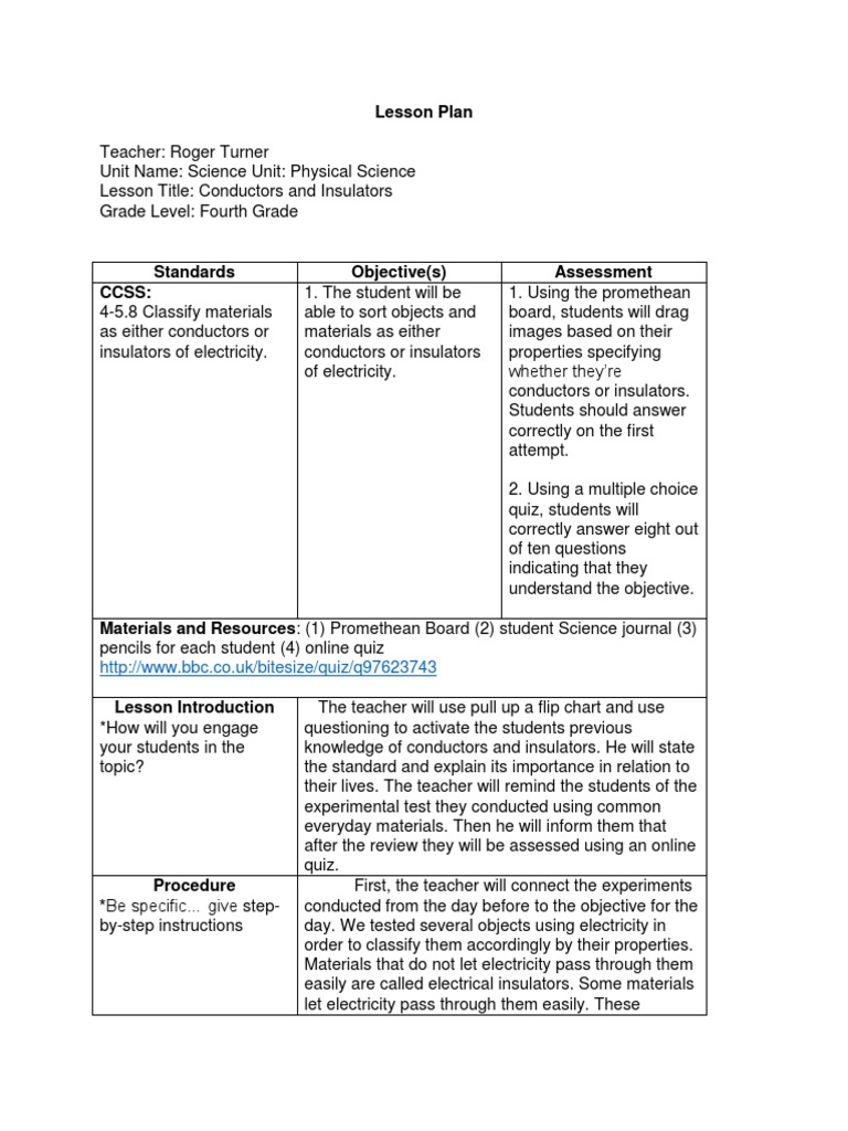 Conductors and Insulators Lesson Plan | PDF | Electrical Conductor ...