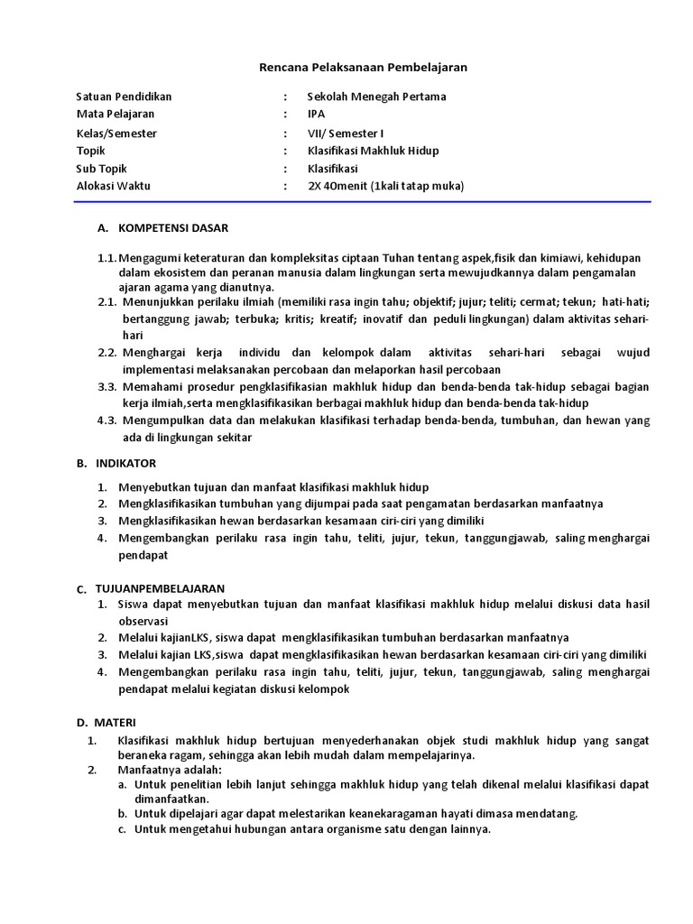 Rpp Klasifikasi Makhluk Hidup