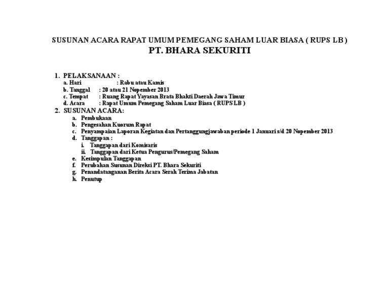 Susunan Acara RUPS Luar Biasa PT Bhara | PDF
